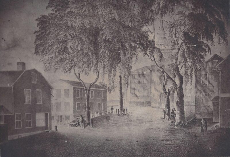 Sketch of Town Square with Plymouth Rock 1828