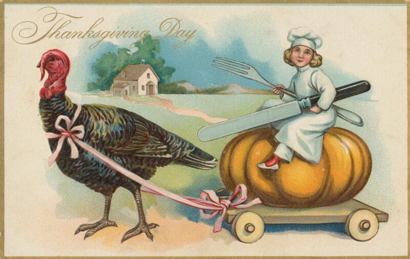 Girl on Cart with Turkey