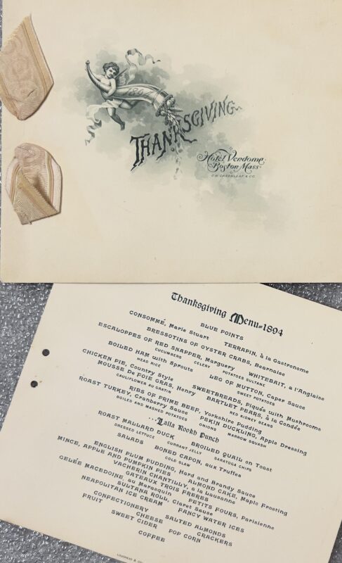 Pilgrim Hall Museum Baker Thanksgiving Collection Hotel Vendome Menu 1894