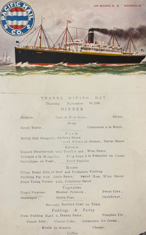 Pilgrim Hall Baker Collection Menu from SS Mongolia 1905