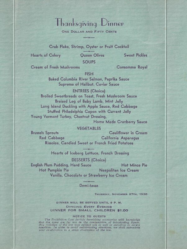 Pilgrim Hall Museum, Baker Thanksgiving Collection.  Elks Menu, 1930