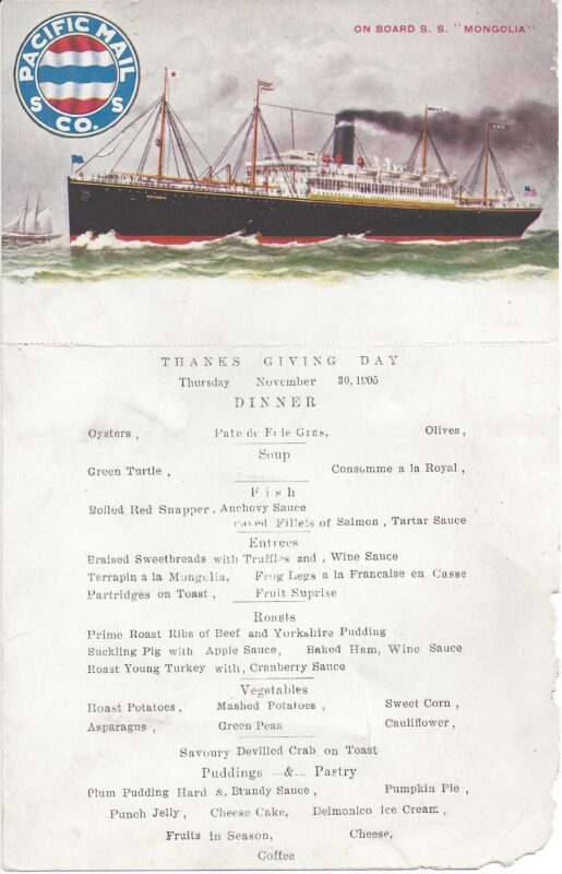 PIlgrim Hall Baker Thanksgiving Collection, S. S. Mongolia Menu 1905