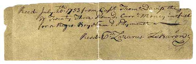 PIlgrim Hall Bill of Sale for Plymouth 1753