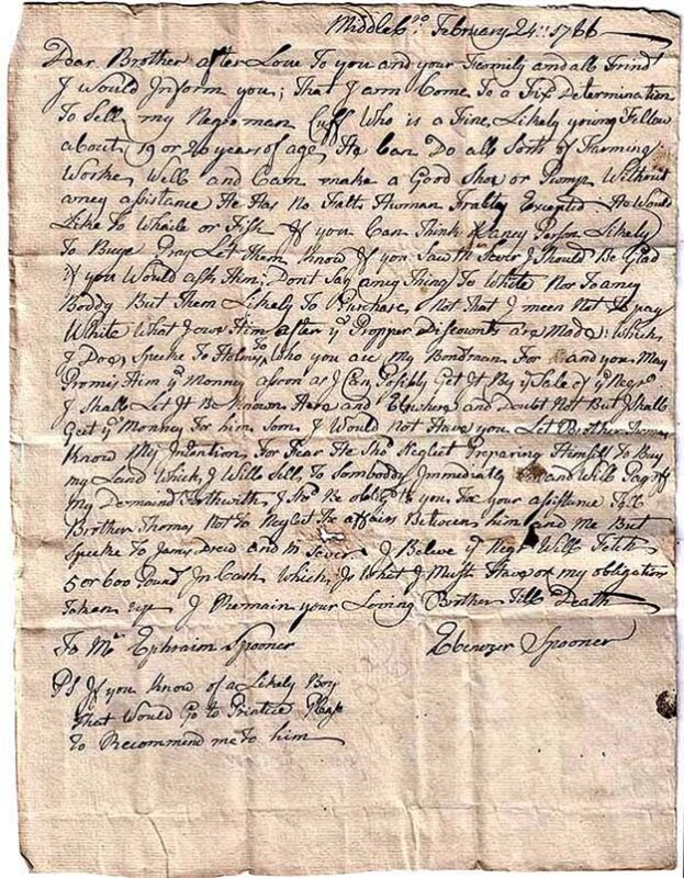 PilgrimHall Letter Ebenezer Spooner 1766