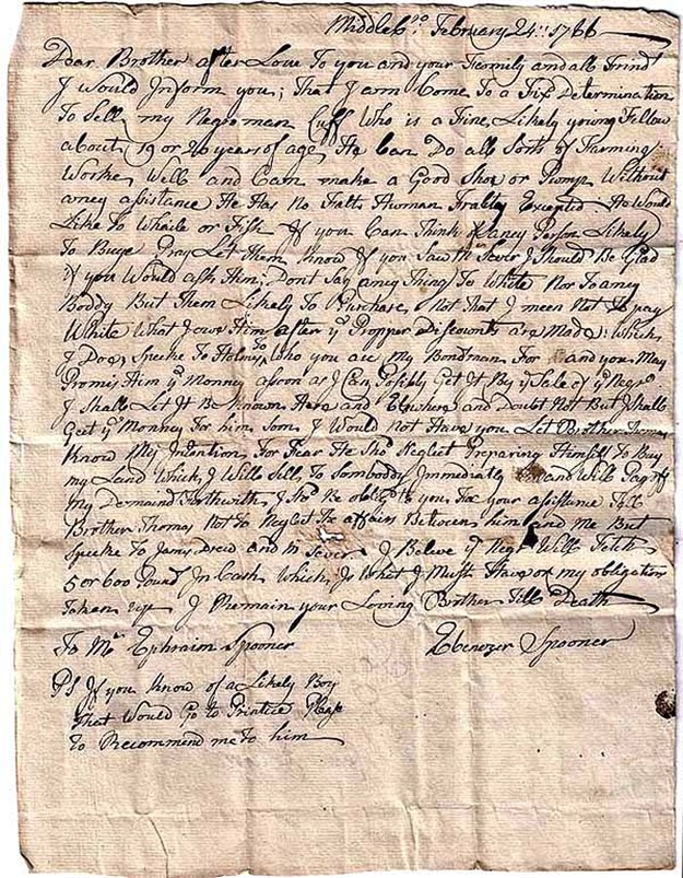 PilgrimHall Letter Ebenezer Spooner 1766