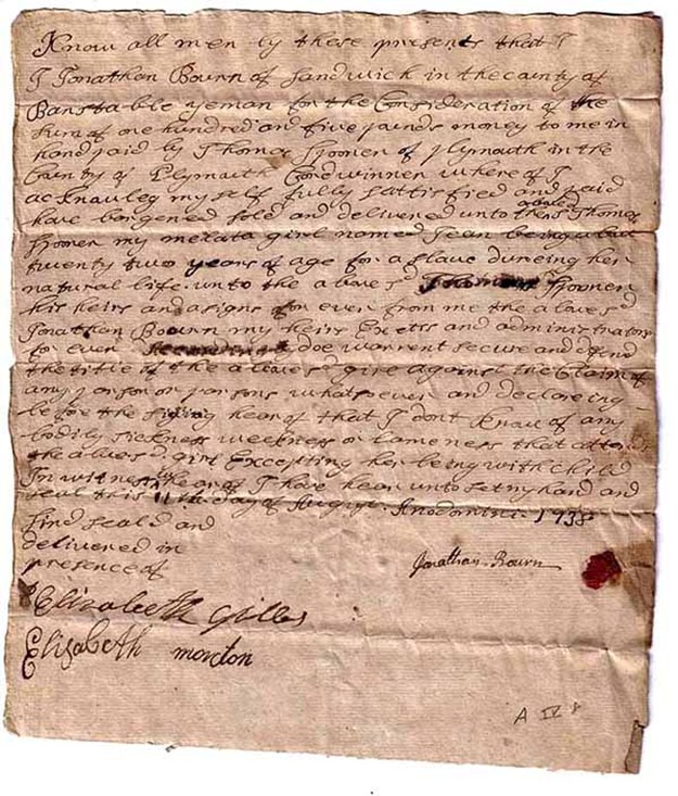 PilgrimHall Bill of Sale for  Jean 1738