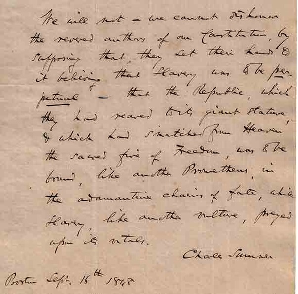 Pilgrim Hall Charles Sumner Letter