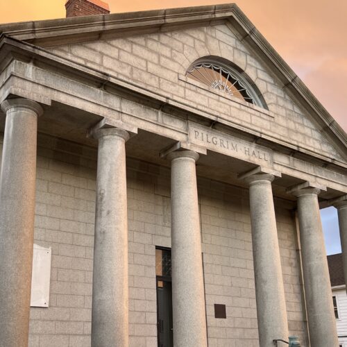 PIlgrim Hall Museum with Orange Sky